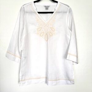 Tommy Bahama Top Women’s Small White‎ 100% Linen Beaded Relax Fit Bohemian Beach